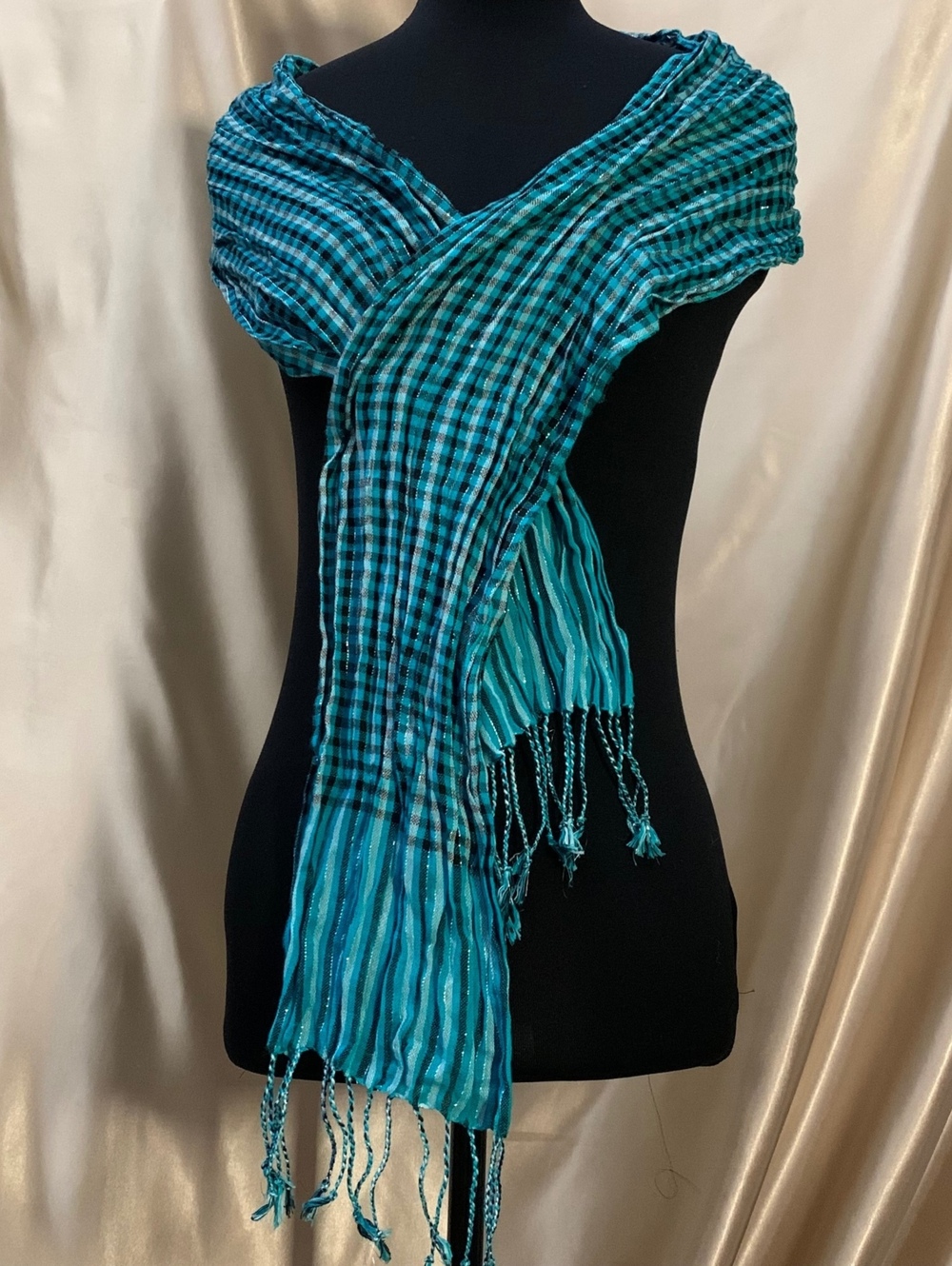 Teal Black Checkered Gingham Plaid Scarf Silver Metallic Stripe Fringe Emo